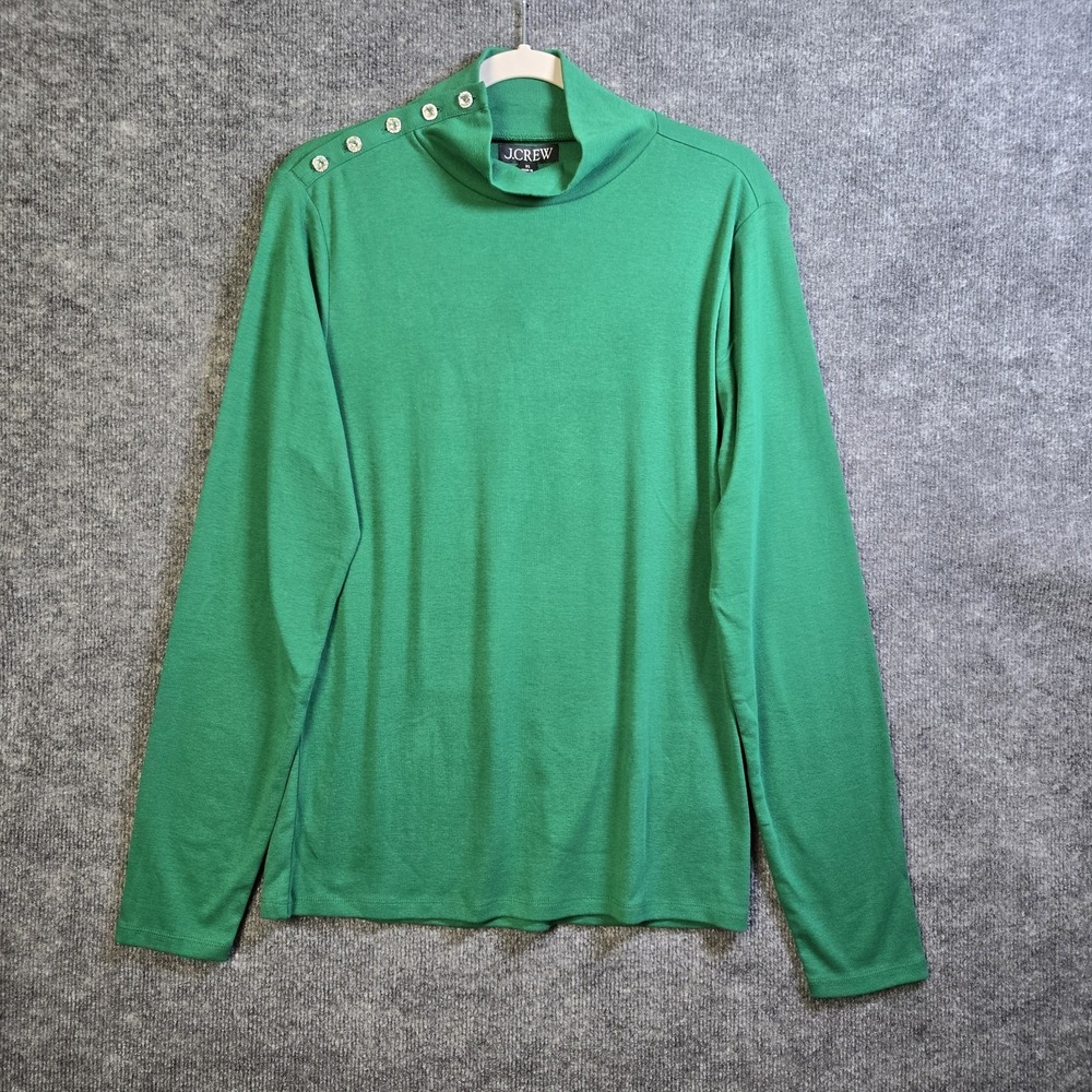 J Crew Top Womens XL Bright Green Cotton Knit Jewel Button Turtleneck New